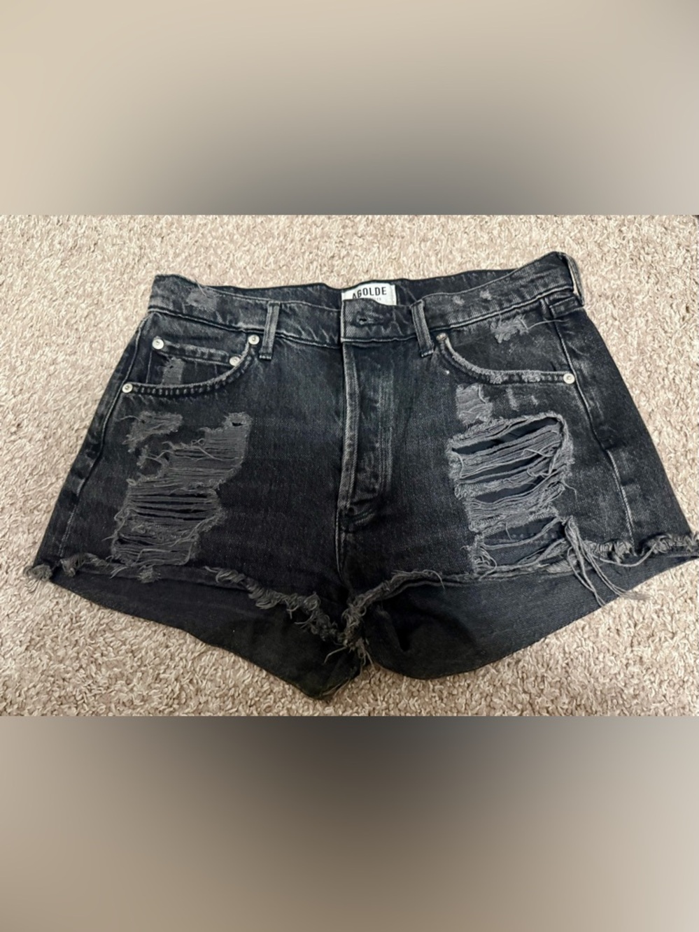 Agolde Black High Rise Distressed Denim Shorts Raw Hem Premium Women’s 28